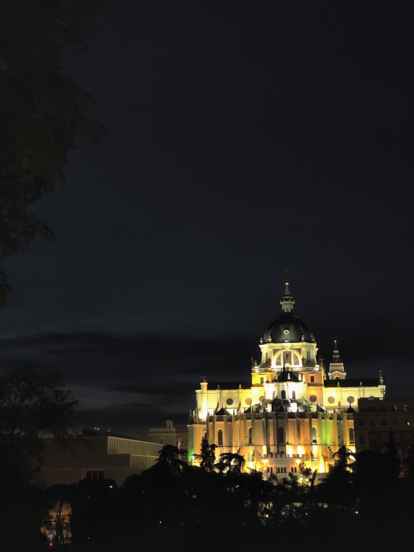 A night view of Madrid's cathedral illuminated against a dark sky