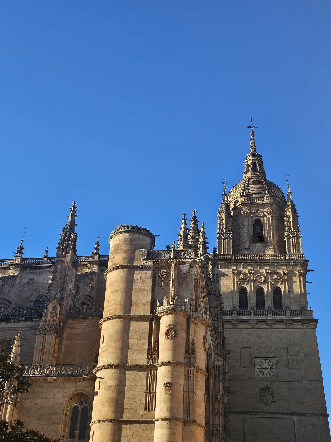 Close view of Salamanca Cathedral beneath a clear blue sky